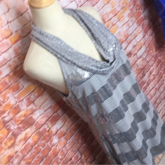 White House Black Market Gray and Silver Sequined Cowl Neck Sleeveless Blouse - Picture 2 of 8